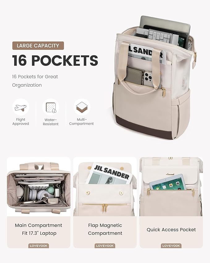 LOVEVOOK 17.3 Inch Laptop Backpack for Women, Large Capacity Travel Backpack with Organizer Bag, Waterproof Carry on Backpack Purse Work Bag with USB Port for Teacher Nurse, Beige-Nude