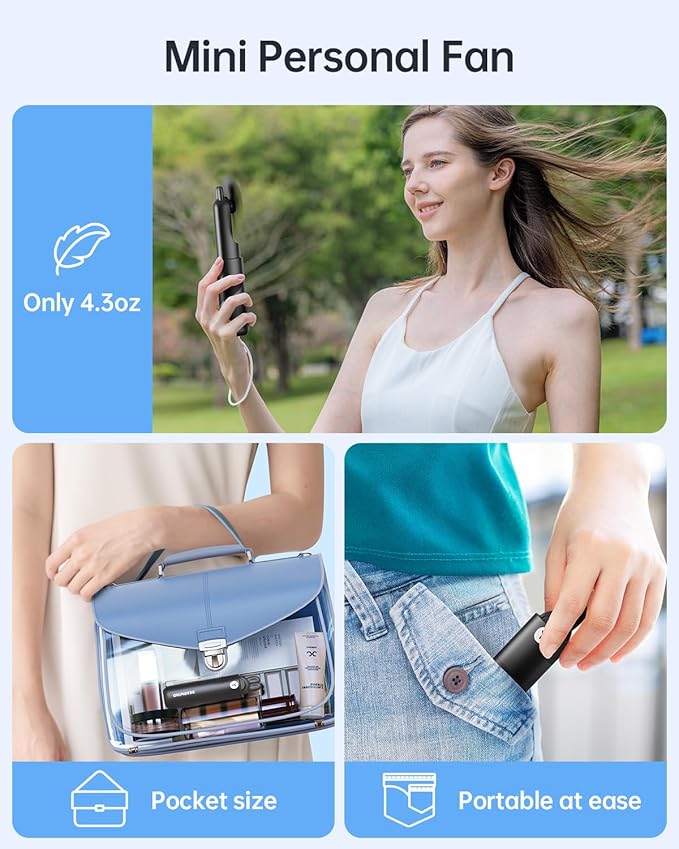 Portable Handheld Mini Fan: 2 in 1 Rechargeable Hand Held Fan with Backup Power & Digital Display - Summer Essentials for Travel, Concerts, Makeup, Lash - Gifts for Women, Girls (Black)