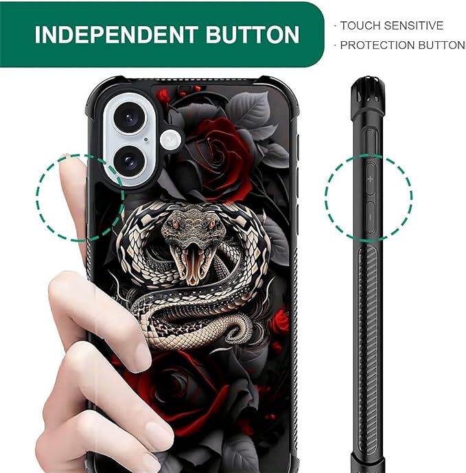 for iPhone 16 Plus Case, Entwined Rose Snake Pattern Graphic Design Girl Boy Soft Silicone Hard Acrylic Shock Protection for iPhone 16 Plus