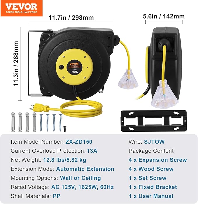 VEVOR Retractable Extension Cord Reel, 50 FT, Heavy Duty 14AWG/3C SJTOW Extension Power Cord with Lighted Triple Tap Outlet, 13A Circuit Breaker 180° Swivel Bracket for Ceiling or Wall Mount, Yellow