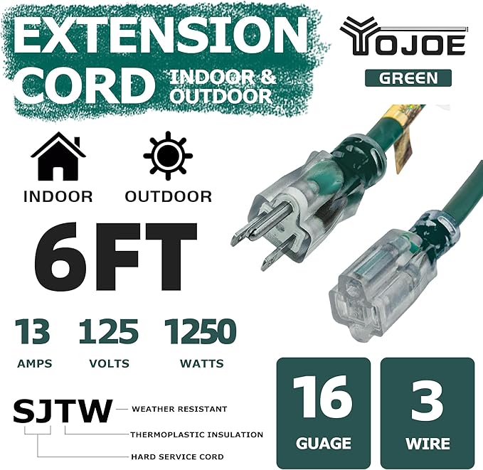 YOJOE Indoor Outdoor Extension Cord with Lighted End, 3 Prong 13A Weatherproof Power Cord, 16 Gauge Heavy Duty 6 ft Green Extension Cord for Garage, Garden and Home, 16/3 SJTW UL Listed