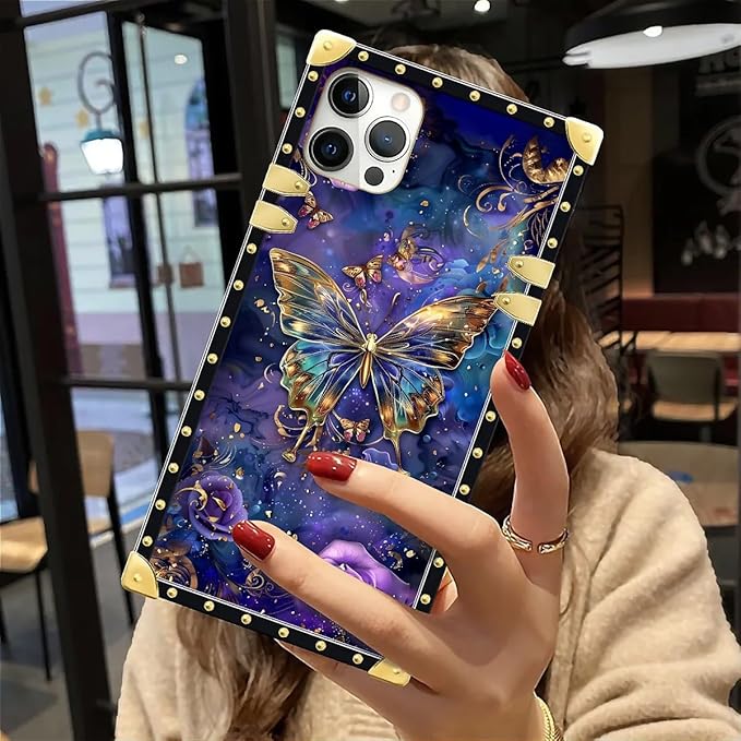 Compatible with iPhone 12 Case, Glistening Golden Butterfly Vibrant Purple Blue Luxury Golden Decoration for Girl Women Soft TPU Shockproof Protective Hard PC Back
