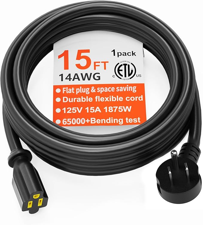 HUANCHAIN 14 Gauge 15 FT Flat Plug Extension Cord Black Indoor Outdoor, Heavy Duty 3 Prong Grounded Low Profile Extension Wire Flexible, 15A 1875W 125V 14AWG SJTW, ETL Listed.