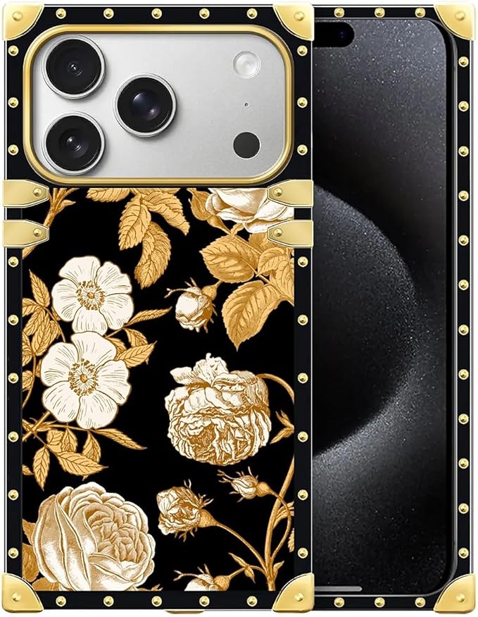 for iPhone 17 Pro Max Case Luxury Golden Decoration for Girl Women Soft TPU Shockproof Protective Hard PC Back for iPhone 17 Pro Max Crazy Pattern Blooming Rose Golden Flower