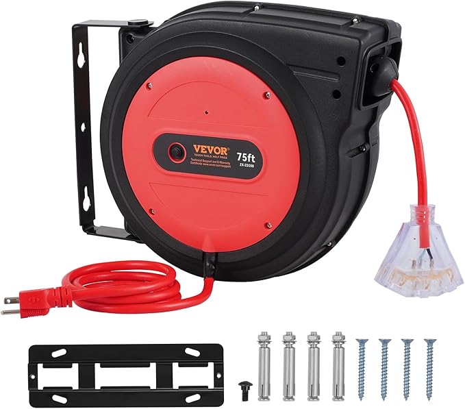 VEVOR 75FT Retractable Extension Cord Reel, 14AWG/3C SJTOW Heavy Duty Power Cord w/Lighted Electrical Triple Tap Outlets, 13A Circuit Breaker,180° Swivel Bracket for Workshop or Garage, Red