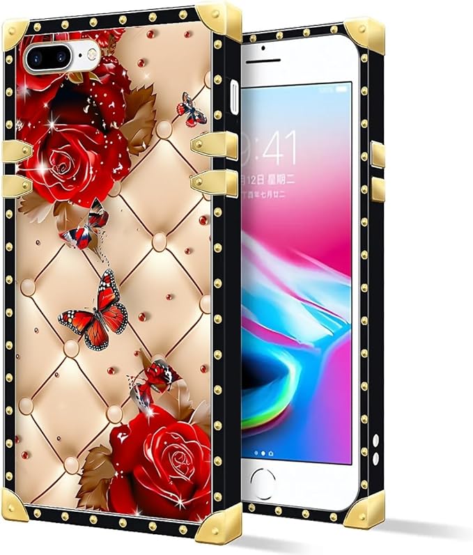 Compatible with iPhone 8 7 SE Case, Shining Red Rose Butterfly Leather Background Luxury Golden Decoration for Girl Women Soft TPU Shockproof Protective Hard PC Back for iPhone 8 7 SE