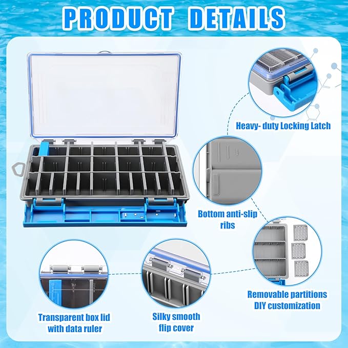 Junkin 6 Pack 3600 Fishing Tackle Boxes Waterproof, High-vis Blue Lure Organizer Trays with Removable Dividers, Airtight Bait Storage Case for Bass Fishing Backpacks & Kayak Gear Accessories