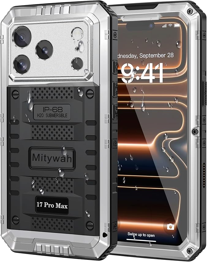 Mitywah Waterproof Case for iPhone 17 Pro Max, Rugged Metal Case with Built-in Screen Protector, Heavy Duty Full Body Shockproof Protective Cover 6.9 inch, Silver