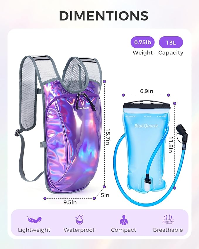 Blue Quartz Rave Hydration Backpack, Reflective Hiking Pack with 2L Water Bladder & Phone Pocket, Hydro Pack with Insulated Compartment for Festival Running Cycling for Men Women