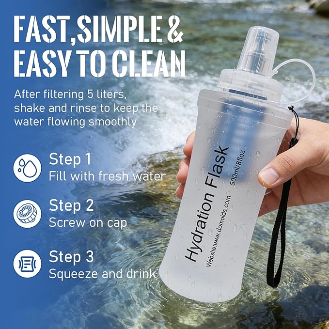 500ML Collapsible Water Bottle with Filter for Hiking, Camping & Travel - TPU Soft Flask, 0.1 Micrometer Hollow Fiber Membrane for Clearer, Better Tasting Outdoor Water(White)