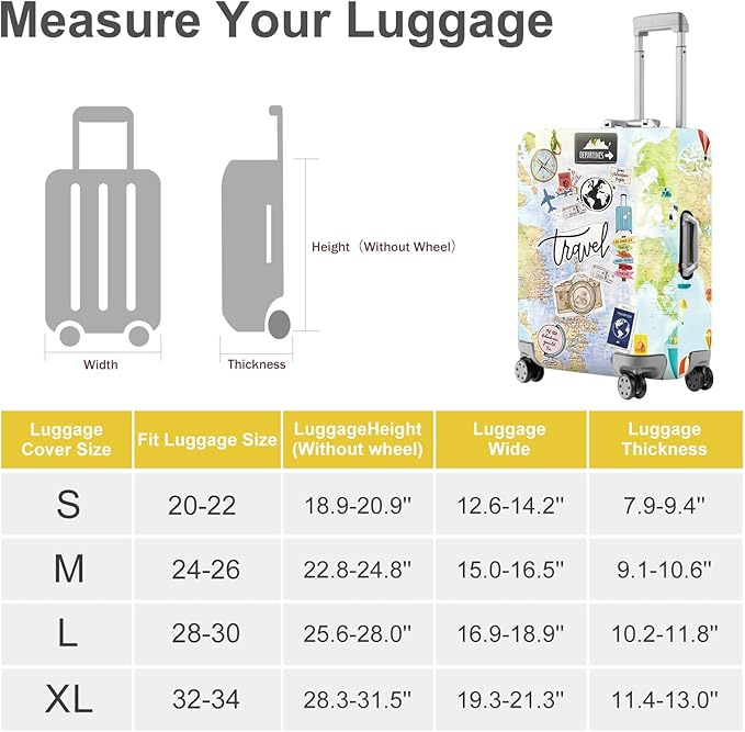 ANNA QUEEN Travel Collage Luggage Cover, World Map & Sticker Style Suitcase Protector for 28-30 Inch Travel Bags