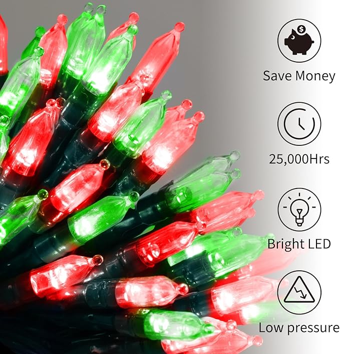 Brightown Battery Operated Christmas Lights 2 Pack 18 Feet 50 LED Clear Mini String Lights with 8 Modes Waterproof Tree Lights for Xmas Outdoor Indoor Holiday Party Garden Decor, Red & Green