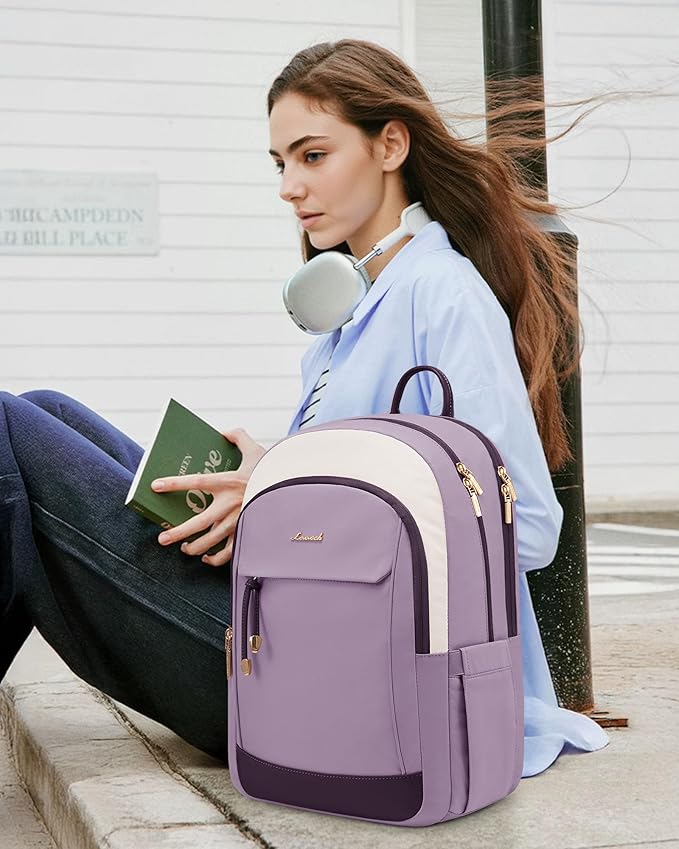 LOVEVOOK 15.6 Inch Laptop Backpack Women, Fashion Backpack with Laptop Compartment for Work College, Large Water Resistant Computer Bags Travel Backpack Purse, Beige purple