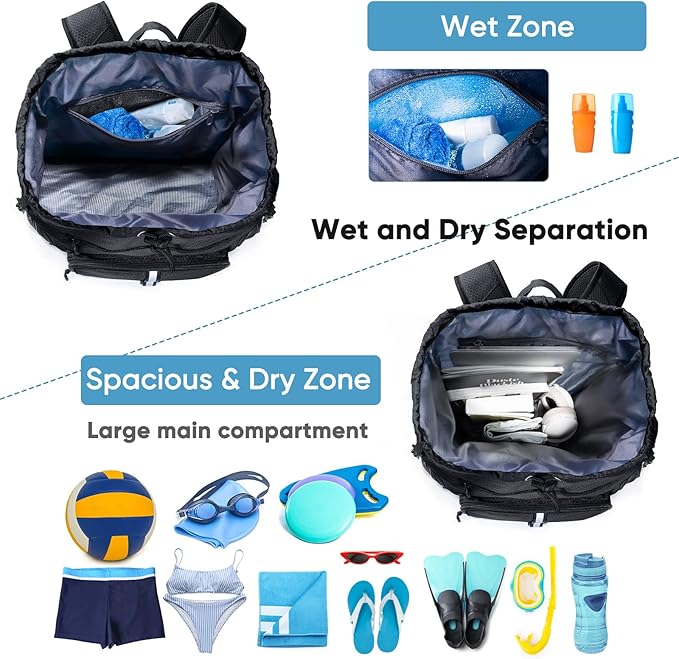 Large Beach Backpack Waterproof Sandproof - Customized Oversized Drawstring Pool Bag with Shoe Compartment for Toiletries, Towels, Gym, Travel