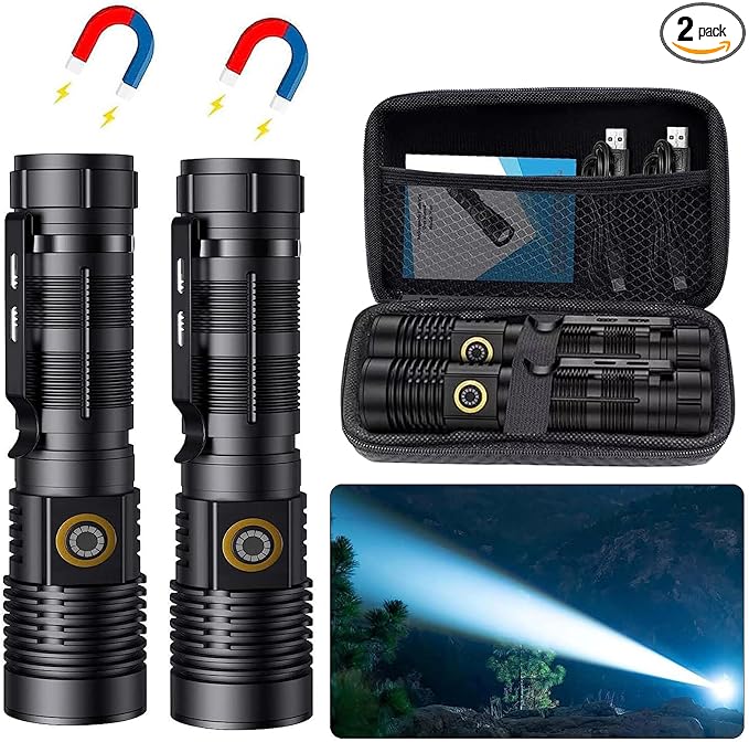 Hoxida Rechargeable Tactical Flashlights High Lumens - 1500 Meters Long Beam Super Bright LED Magnetic Flashlight USB Zoomable 5Modes Small Long Beam Spotlight Flashlight for Hiking, Camping