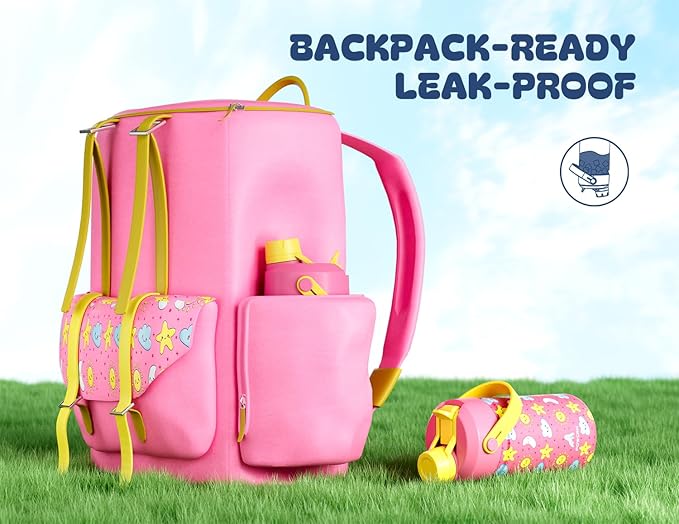 12 oz Kids Water Bottle for Girls: Leakproof, BPA-Free, Durable Straw Spout Lid, 24H Cold, Cute Patterns, Insulated Stainless Steel Cup with Carrier Bag for School, Trip, Camping, Daily (Sunny Dreams)