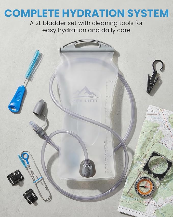 Zelvot 2L-3L Hydration Bladder Kit, 6 in 1 Water Bladder for Hiking Backpack, BPA Free Leakproof Water Storage Bladder with Cleaning Kit, Water Pouch Hydration Pack