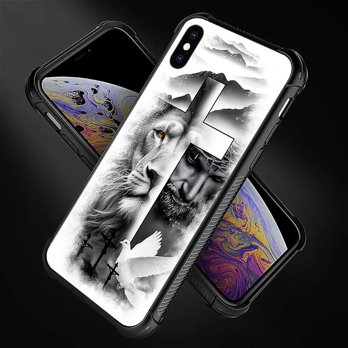 for iPhone Xs Max Case, Lion Cross Jesus Christ Dove Pattern Graphic Design Girl Boy Soft Silicone Hard Acrylic Shock Protection for iPhone Xs Max