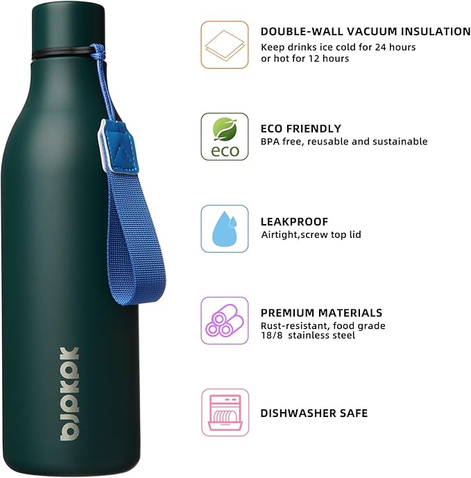 BJPKPK Insulated Water Bottles, 25 oz Stainless Steel Metal Water Bottle with Strap, BPA Free Leak Proof Jugs, Mugs, Flasks, Reusable Thermal Flasks for Sports & Travel, Army Green