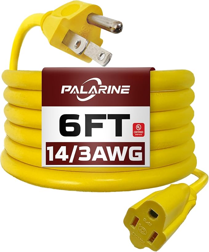 6ft Yellow Outdoor Extension Cord Waterproof, UL Listed, 14/3 SJTW Heavy Duty 3 Prong, 14 Gauge 15A Power Cord Ideal for Indoor Outdoor Lights, Appliances, and Lawn