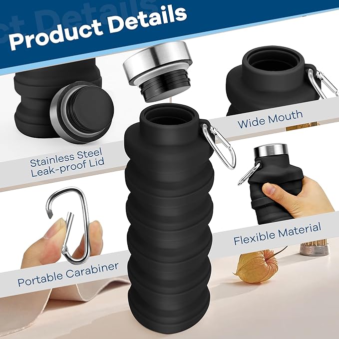 Collapsible Water Bottle,17oz Reusable BPA Free Silicone Foldable Water Bottles for Travel Gym Camping Hiking Outdoor Indoor Sport-(Black+Gray)