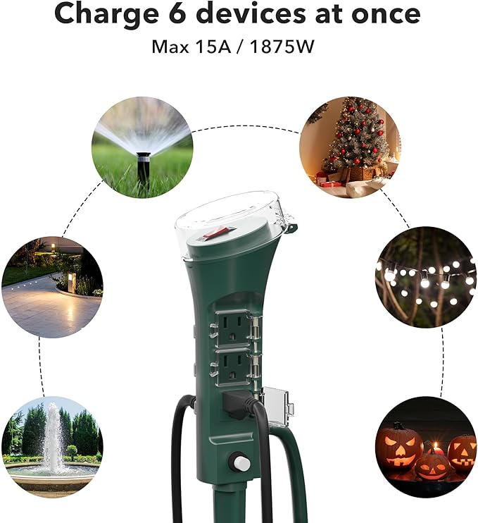 BN-LINK Outdoor 6ft Extension Cord Power Stake with 6 Outlets, Outside Power Strip with Overload Protection & Weatherproof Covers, Waterproof Yard Stake Outlets Use for Camping, Sprinkler, Party