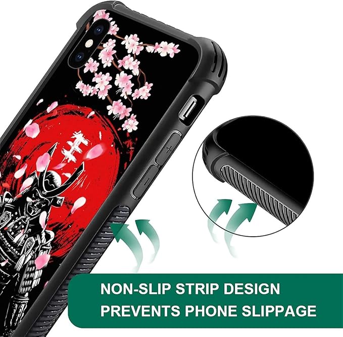 for iPhone X/Xs Case, Sakura Japanese Samurai Pattern Graphic Design Girl Boy Soft Silicone Hard Acrylic Shock Protection for iPhone X/Xs