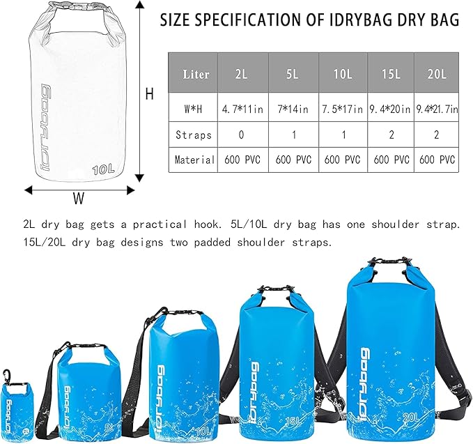 IDRYBAG Dry Bag for Kayaking Waterproof 2L/5L/10L/15L/20L, Small Dry Sack Waterproof Bag for Boating