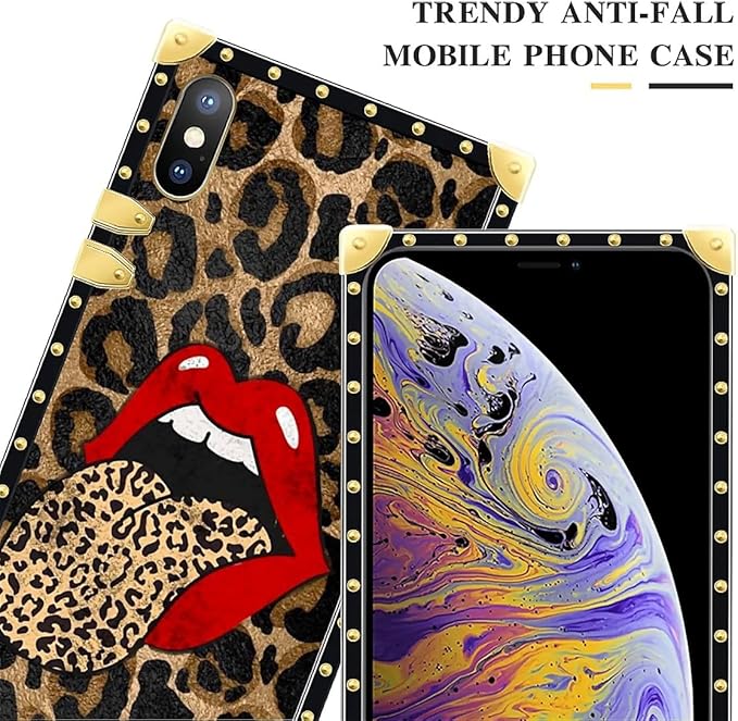 Compatible with iPhone Xs Max Case, Brown Leopard Print Mouth Luxury Golden Decoration for Girl Women Soft TPU Shockproof Protective Hard PC Back for iPhone Xs Max
