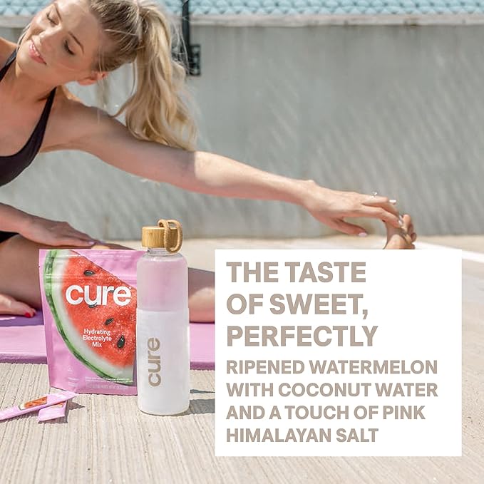 Cure Hydration | Plant-Based Electrolyte Drink Mix | No Added Sugar | FSA-HSA | Dehydration Relief Powder Made with Coconut Water | Non-GMO | Vegan | Box of 8 Packets - Watermelon