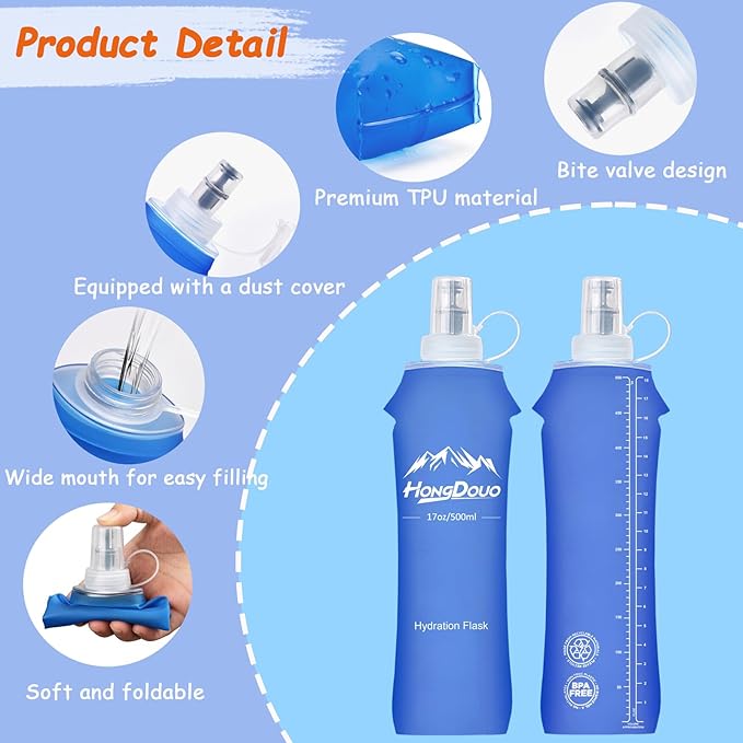 Flexible Running Bottles - Two Pack: 500ml/17oz, Foldable, BPA/PVC Free Soft Flask for Hydration Vests and Running Packs,Collapsible Leak-proof Pocket Bottle for Jogging, Hiking, Cycling, Climbing