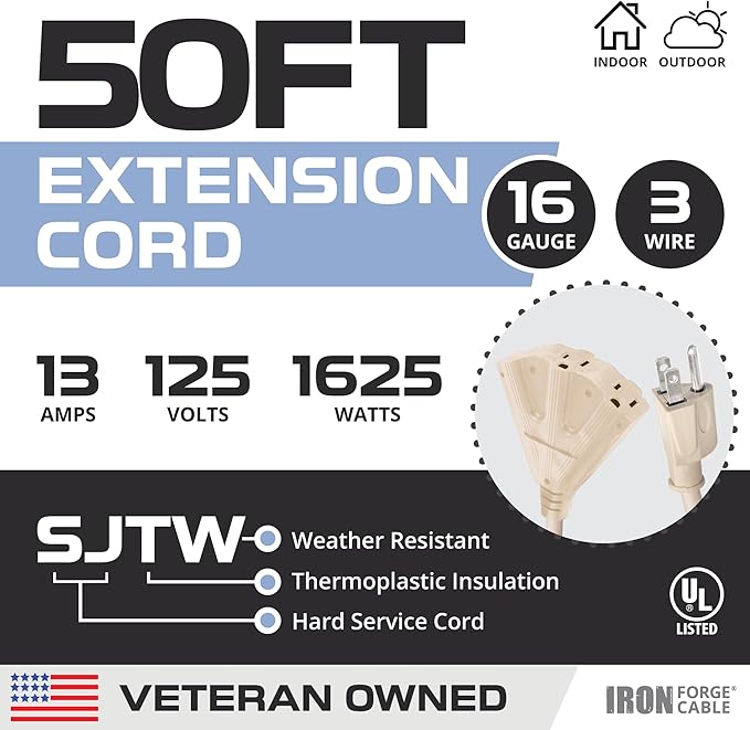 Iron Forge Cable Weatherproof 50 Ft Outdoor Extension Cord - 3 Outlet 16/3 SJTW Heavy Duty Light Brown Extension Cord 3 Prong - 13 Amp Power Cable