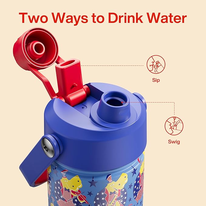 Kids Insualated Water Bottle with Straw,18oz Stainless Steel Water Bottle with Dual Spouts, Leak-Proof,BPA-Free,Double Wall Vacuum Keeps Cold for 24 Hours for Sports,Travel,School (Blue Hippo Parade)
