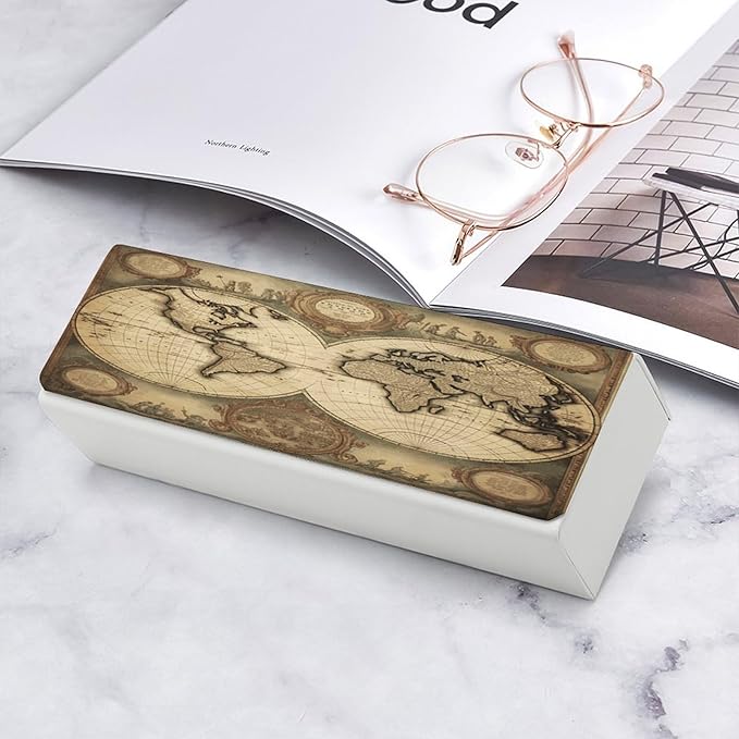 World Map Eyeglass Case Spectacle Case Slim PU Leather Eyeglass Case for Men Women Lightweight Protective Eyewear Storage with Cleaning Cloth