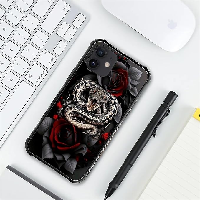 for iPhone 12/12 Pro Case, Entwined Rose Snake Pattern Graphic Design Girl Boy Soft Silicone Hard Acrylic Shock Protection for iPhone 12/12 Pro