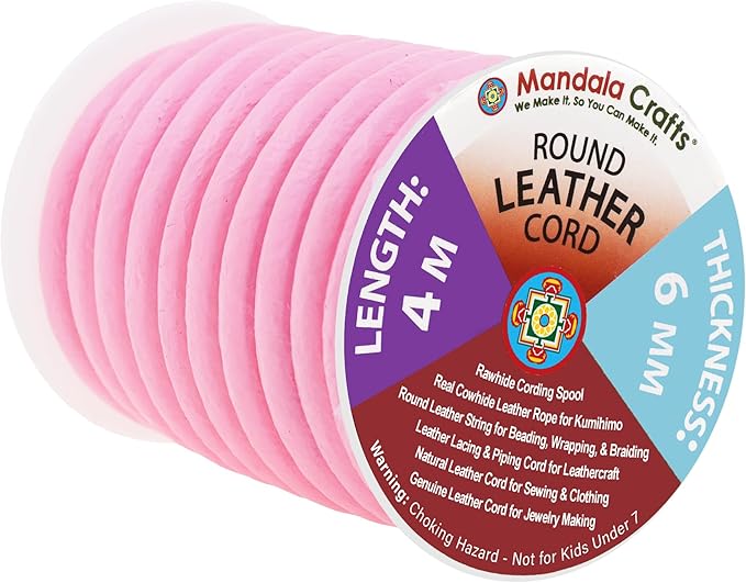 Mandala Crafts Round Genuine Pink Leather Cord for Jewelry Making – 6mm Cowhide Leather Rope String Lace for Kumihimo – 4.4 Yards Cowhide Craft Cording Spool