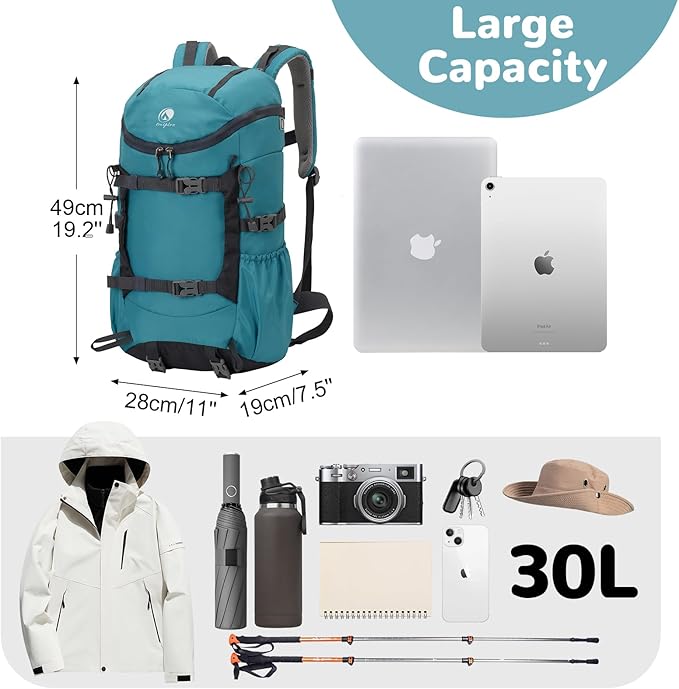 30L Skateboard Backpack for Men Women, Waterproof Hiking Backpack with Chest Strap for Camping Hunting, Lightweight Casual Travel Daypack for Skateboard Sport Outdoor, Blue