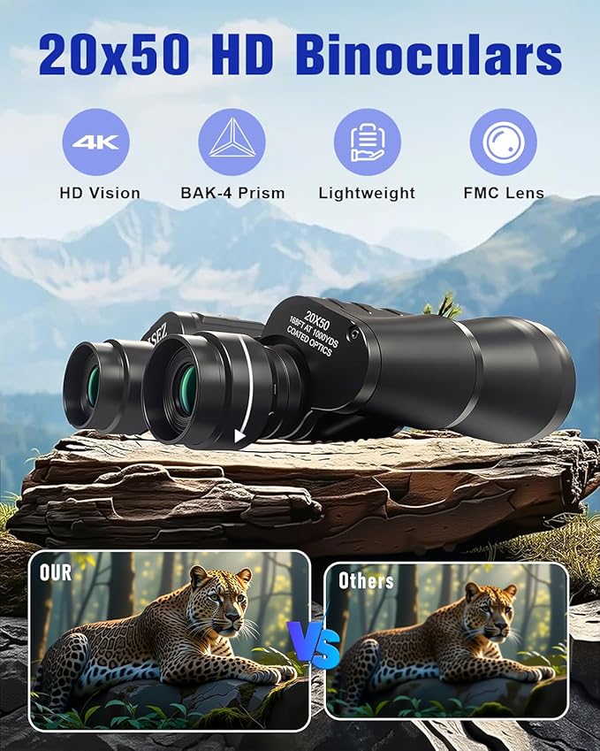 20x50 High Powered Binoculars for Adults, Clear Durable Binoculars for Bird Watching Sightseeing Wildlife Watching Travel Hunting Football Games Stargazing with Carrying Case & Strap