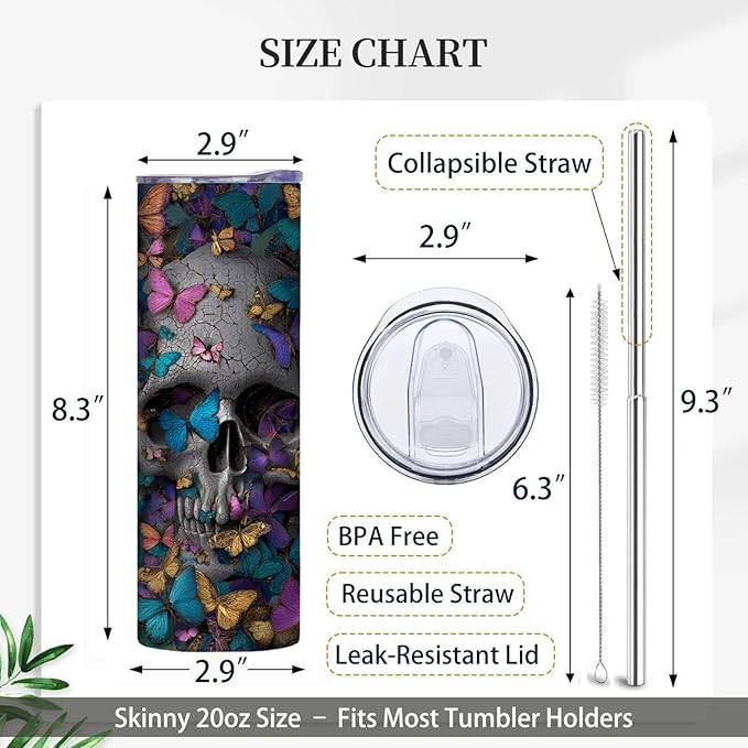 Firmiso 20 oz Tumbler｜Skinny Insulated Travel Mug｜Butterfly Skull Design Stainless Steel Cup with Lid and Telescopic Straw｜Gothic Aesthetic Drinkware｜Artistic Gift Idea for Women Men