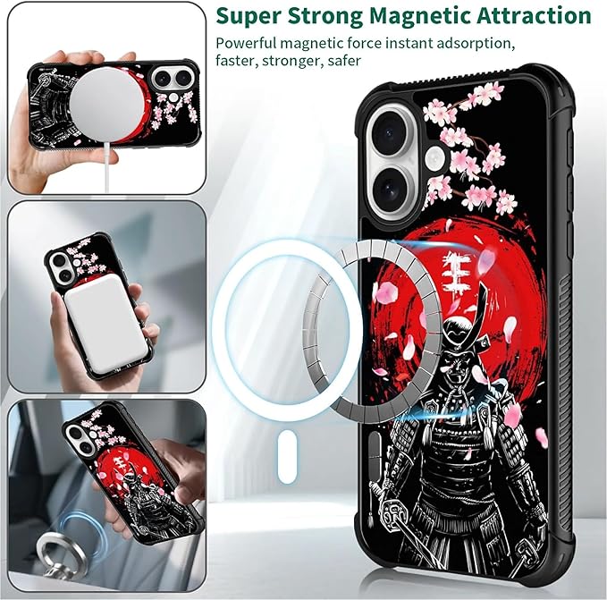 for iPhone 17 Case,for MagSafe Graphic Design for Girl Boy Soft Silicone Hard Acrylic Shock Protection Designed for iPhone 17 Sakura Japanese Samurai Pattern