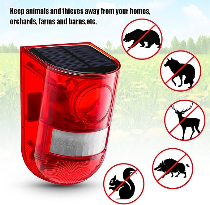 Qualirey Solar Sound and Light Alarm Motion Sensor 129db Outdoor Security Siren Waterproof Activated Detector Driveway Alarm 6 LEDs Flash Warning Deterrent Strobe System for Home, Farm(Red,12 Pack)