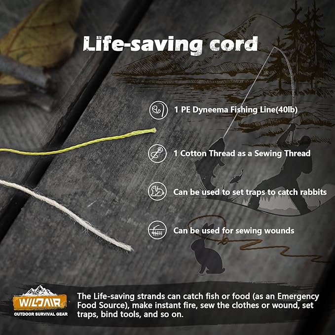 WILDAIR Paracord Survival Paracord Parachute Fire Cord Survival Ropes 4-in-1 U.S. Military Type III with Integrated Fishing Line Fire-Starter Tinder