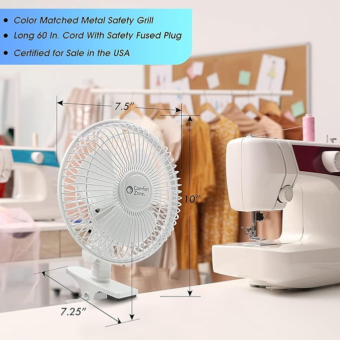 Comfort Zone 6-Inch Corded Clip-On Personal Fan – 2-Speed Quiet Desk Fan with 360° Rotation, Fully Adjustable Tilt & Secure Strong Clamp – Mini Air Circulator for Desks, Bedside & Office