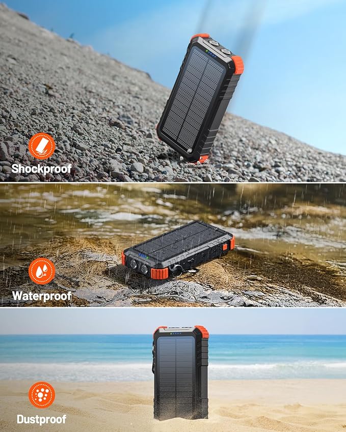 Power-Bank-Solar-Charger 45800mAh Fast Charging with 3 Built-in Cables LED Flashlight Portable External Battery Pack Compatible with All Smartphone, Tablet, Drone, Camera, etc.