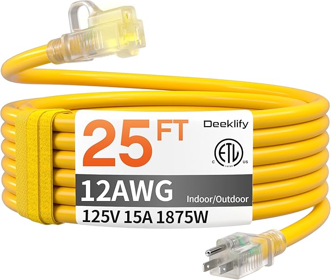 12AWG 25 FT Heavy Duty Outdoor Extension Cord Waterproof with Lighted End, 12 Gauge Extension Cord Flexible and Cold Resistant 3 Prong Grounded Plug,15Amp 1875W Yellow SJTW ETL Listed