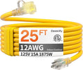 12AWG 25 FT Heavy Duty Outdoor Extension Cord Waterproof with Lighted End, 12 Gauge Extension Cord Flexible and Cold Resistant 3 Prong Grounded Plug,15Amp 1875W Yellow SJTW ETL Listed