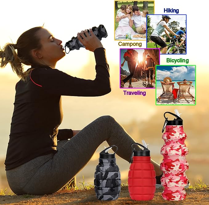 Collapsible Travel Water Bottle19.6 oz, Reuseable Silicone Foldable Water Bottles for School, Office, Gym, Camping,Hiking,Portable Leak Proof Sports Water Bottle with Carabiner (Dark gray camouflage)