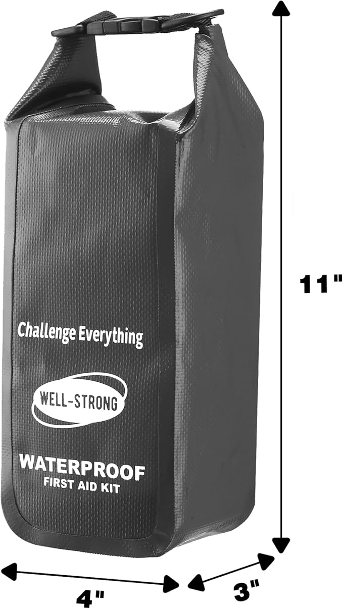 Boat First Aid Kit Waterproof, WELL-STRONG Marine Emergency Kit with Roll Top Dry Bag for Boating Fishing Kayaking – Water-Resistant Contents for Camping & Beach（Dark Grey）
