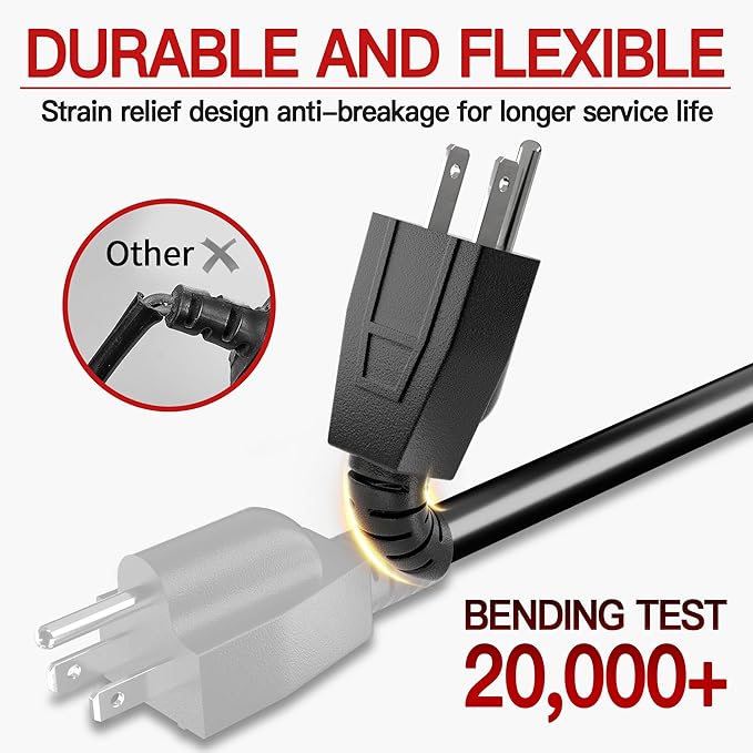 18/3 Indoor Extension Cord 10 FT, Black Extension Cord Flexible & Durable, 3 Prong Power Cable, Suitable for Home and Office, 10 Amp 1250 Watt 125VAC 18AWG, ETL Listed