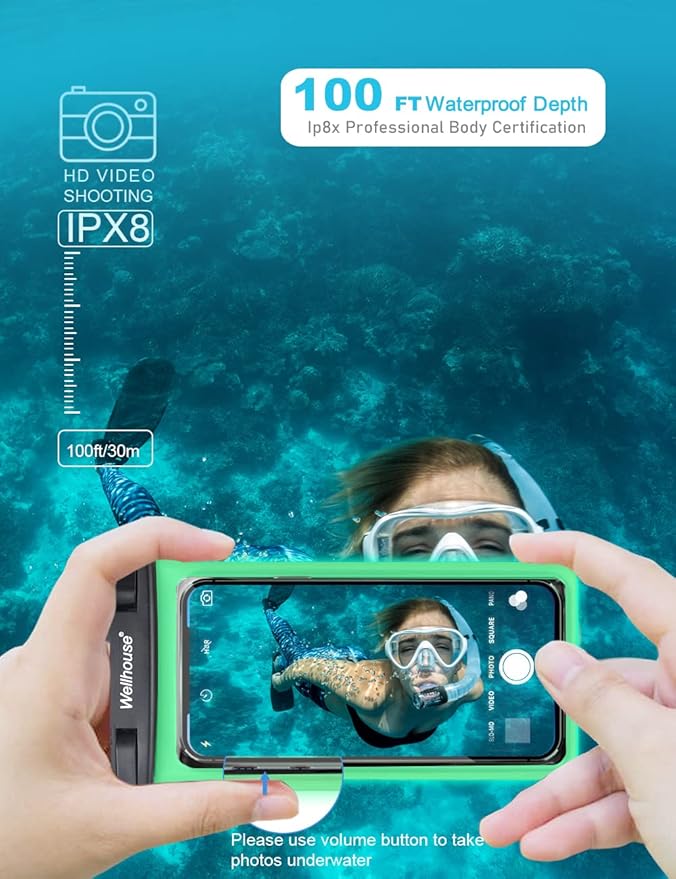 wellhouse Waterproof Phone Pouch, Waterproof Phone Case for iPhone 17 16 15 14 13 Pro Max XS Samsung, IPX8 3D Cellphone Dry Bag Beach Essentials (1 Pack - Luminous Black7.0, 7 inch)